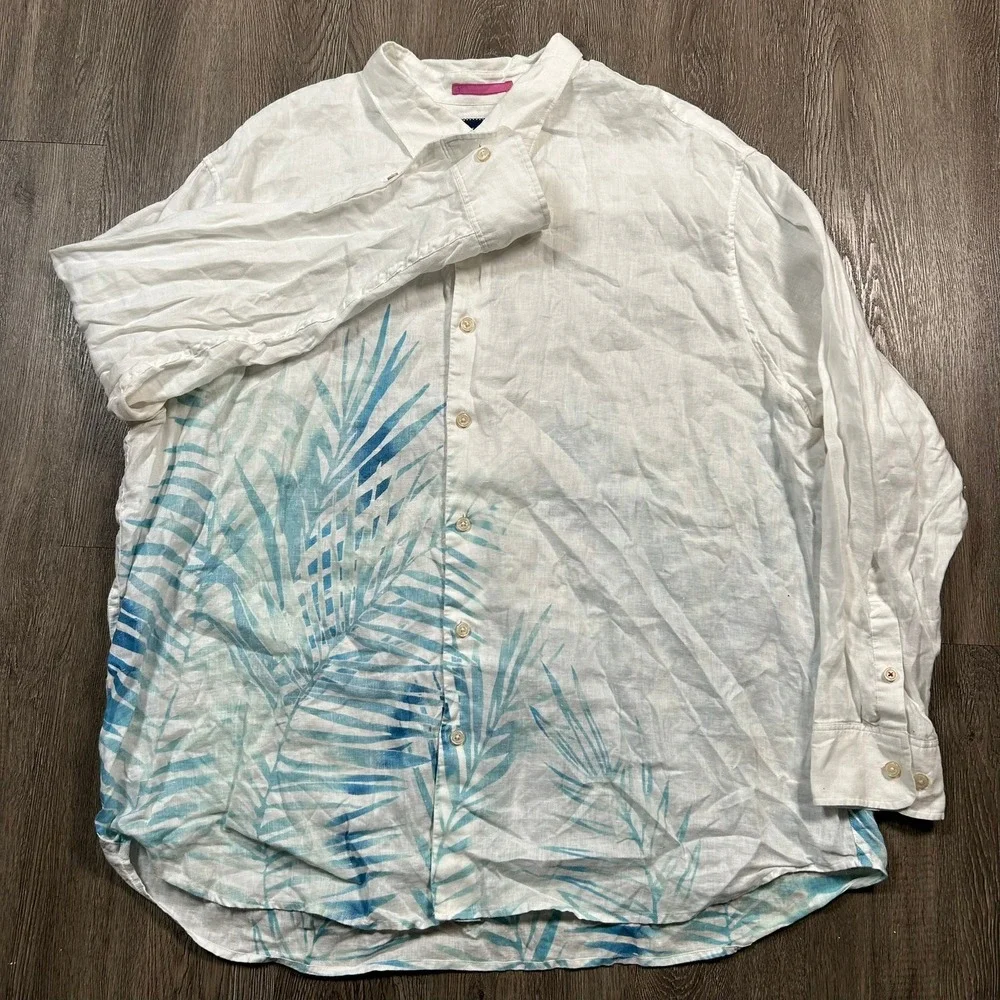 Tommy Bahama Button Down Shirt 2XB White Linen Tropical Palm Leaf Long Sleeve